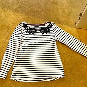 Joules long sleeve striped shirt with black sparkle embroidery along neckline